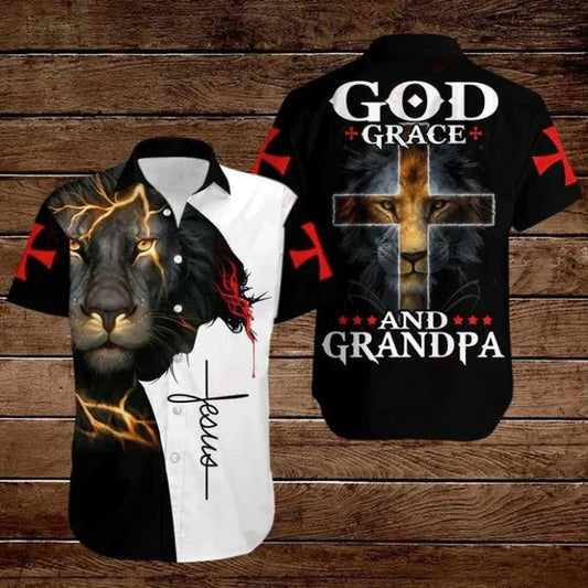 UniJames Cross Jesus Bible Lion God Grace And Grandpa Hawaiian Shirt - Christian Hawaiian Shirt for Men Women