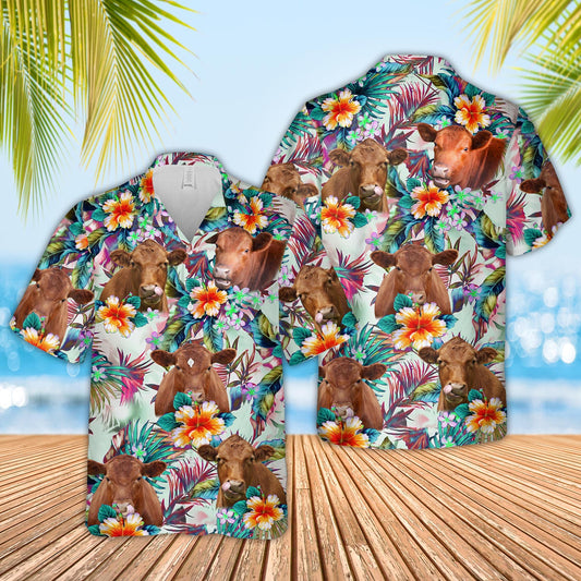 Uni Red Angus Colorful Leaf Pattern Hawaiian Shirt