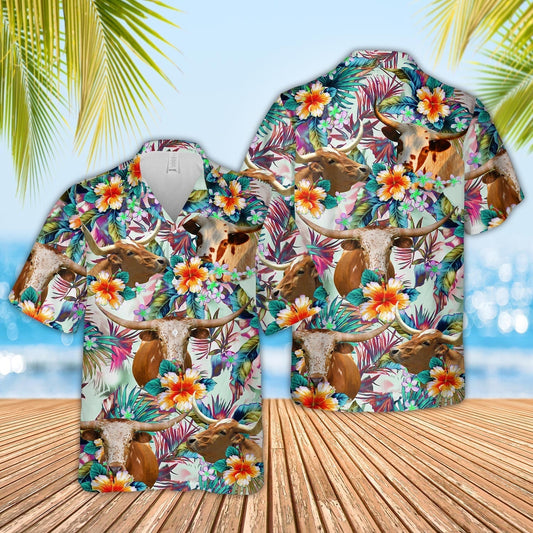 Uni Texas Longhorn Colorful Leaf Pattern Hawaiian Shirt