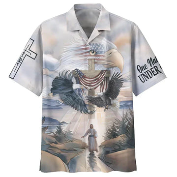 UniJames Eagles Flying Around Cross United States One Nation Under God Hawaiian Shirts - Christian Hawaiian Shirt - Hawaiian Summer Shirts