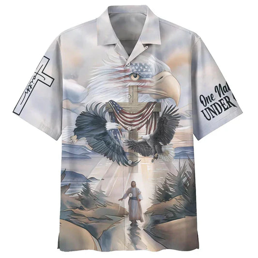 UniJames Eagles Flying Around Cross United States One Nation Under God Hawaiian Shirts - Christian Hawaiian Shirt - Hawaiian Summer Shirts
