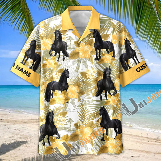 Unijames Personalized Friesian Horse Yellow Hibiscus Hawaiian Shirt