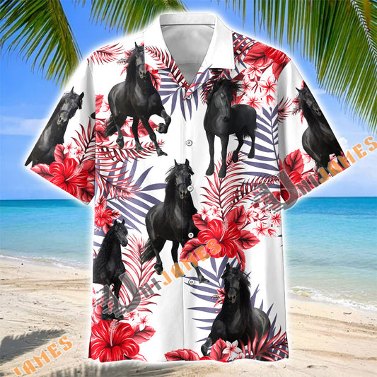 Unijames Friesian Horse Red Hibiscus Tropical Hawaiian Shirt