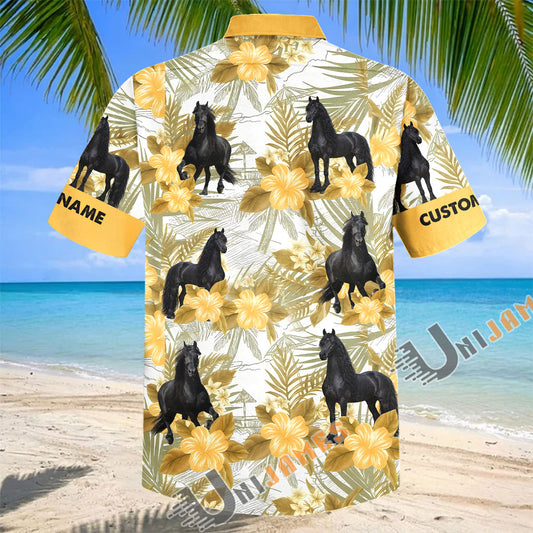 Unijames Personalized Friesian Horse Yellow Hibiscus Hawaiian Shirt