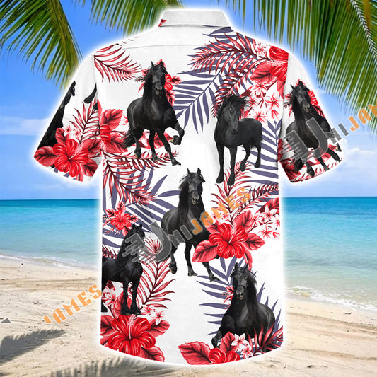 Unijames Friesian Horse Red Hibiscus Tropical Hawaiian Shirt