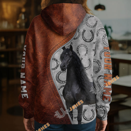 UniJames Personalized Friesian Horse Split Faux Leather & Horseshoe 3D Hoodie