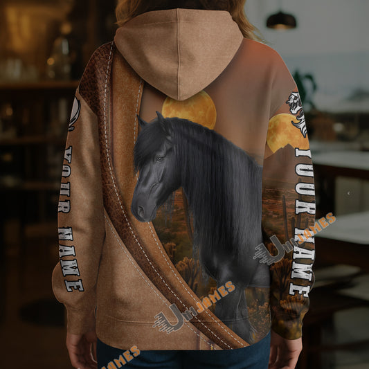 Unijames Personalized Friesian Horse Desert Sunset Texture Hoodie