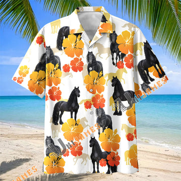 Unijames Tropical Bay Friesian Horse Floral Hawaiian Shirt