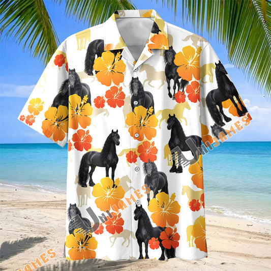 Unijames Tropical Bay Friesian Horse Floral Hawaiian Shirt