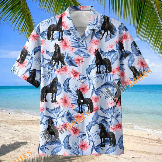 Unijames Floral Friesian Horse Lover Hawaiian Shirt