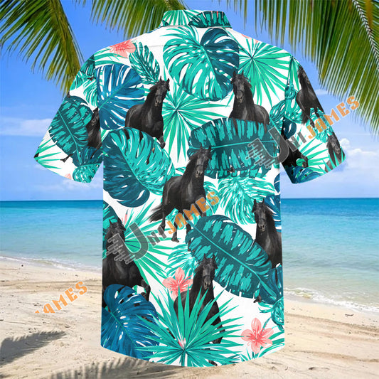 Unijames Friesian Horse In Tropical Leaves Pattern Hawaiian Shirt