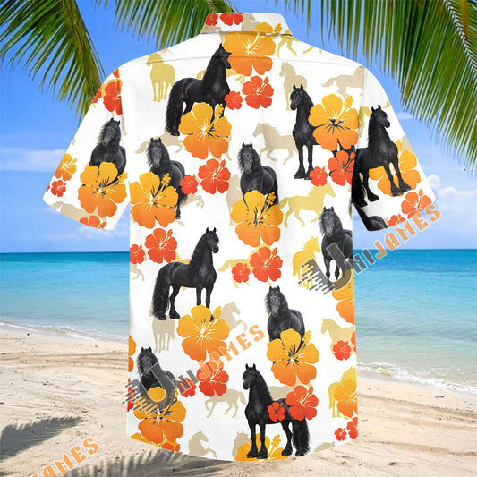 Unijames Tropical Bay Friesian Horse Floral Hawaiian Shirt