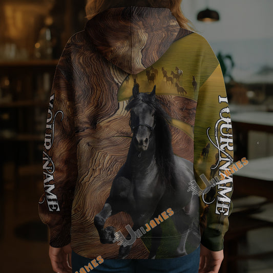 Unijames Personalized Friesian Horse Wood Grain Meadow Hoodie