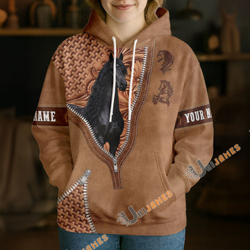 UniJames Friesian Horse Faux Zipper Tooled Leather 3D Hoodie