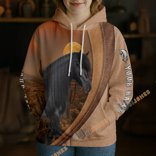 Unijames Personalized Friesian Horse Desert Sunset Texture Hoodie