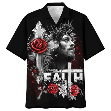 UniJames Faith Over Fear Cross With Red Roses Hawaiian Shirt - Best Hawaiian Shirts - Christian Hawaiian Shirt