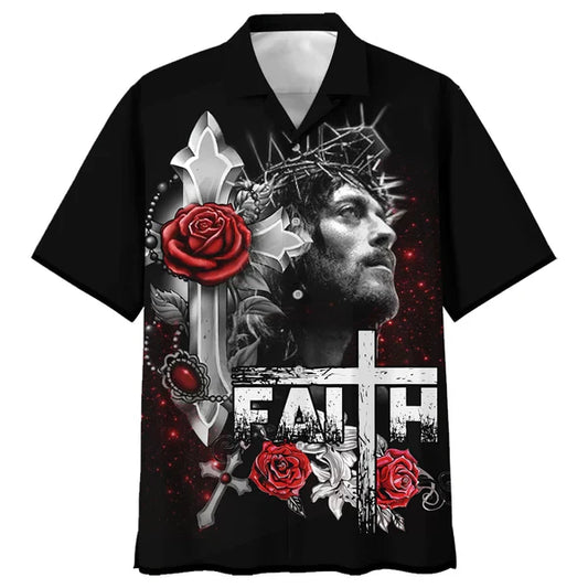 UniJames Faith Over Fear Cross With Red Roses Hawaiian Shirt - Best Hawaiian Shirts - Christian Hawaiian Shirt