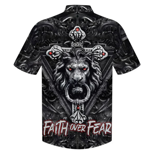 UniJames Faith Over Fear Gothic Lion Black Hawaiian Shirts - Christian Hawaiian Shirt - Hawaiian Shirts For Men