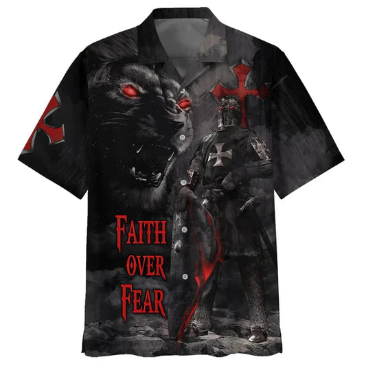 UniJames Faith Over Fear Warrior Of Christ Lion Cross Hawaiian Shirts - Christian Hawaiian Shirt - Hawaiian Shirts For Men