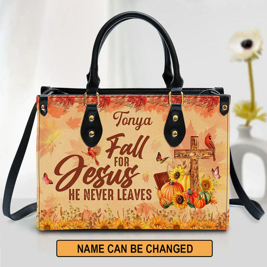 Fall For Jesus He Never Leaves Cardinal & Sunflower Leather Bags, Personalized Bags, Gifts for Women, Christmas Gift, CABLTB01300723.