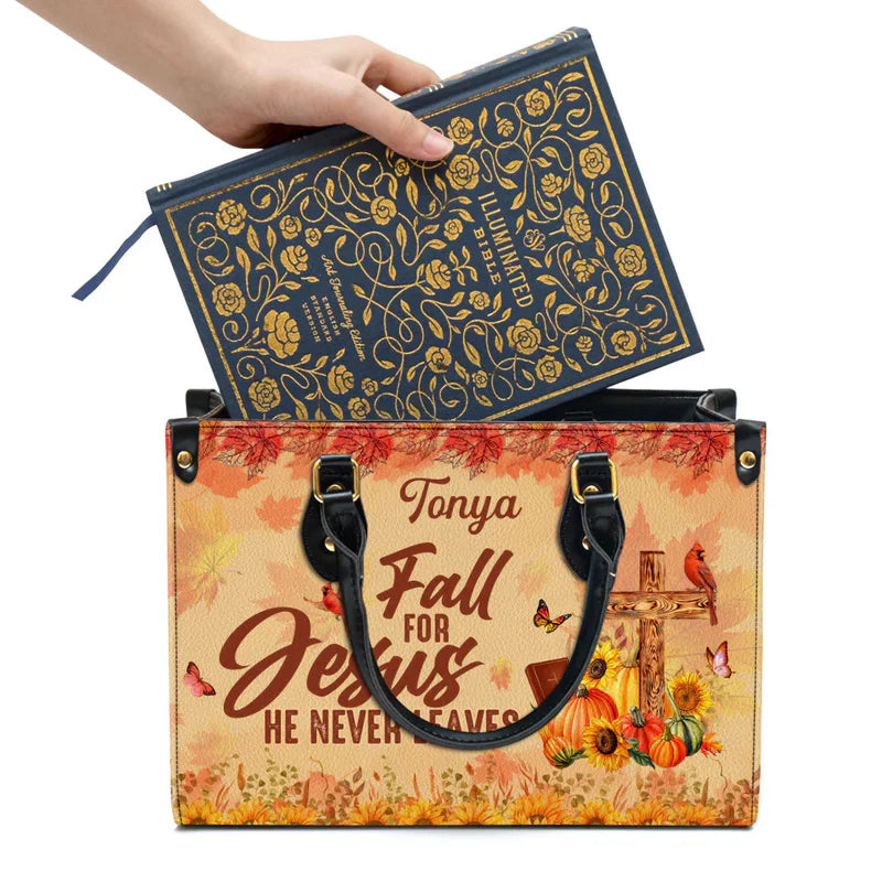 Fall For Jesus He Never Leaves Cardinal & Sunflower Leather Bags, Personalized Bags, Gifts for Women, Christmas Gift, CABLTB01300723.