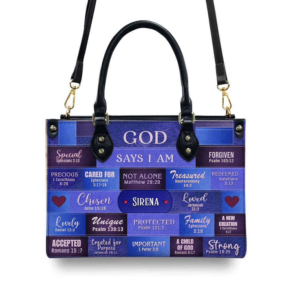 Customizable Luxury Leather Handbag - Personalized Elegance by - GOD Says I Am Blue Leather Handbag.