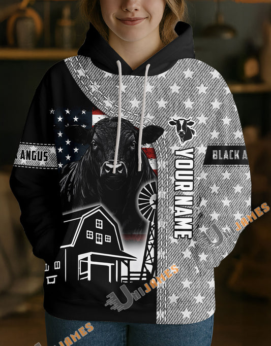Uni Personalized American Flag Ranch Pattern Name & Farm Name Cattle Hoodie