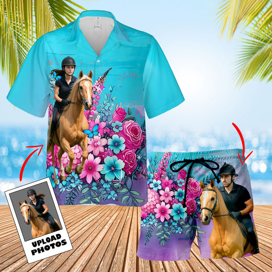 Personalized Horse Riding Hawaiian Shirt & Shorts Set – Custom Photo Gift for Riders