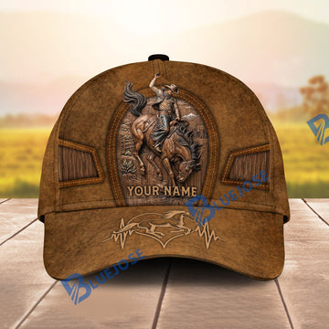 UniJames Bronc Rider Rodeo Personalized Name Cap – Carved Wood & Leather Custom Baseball Cap