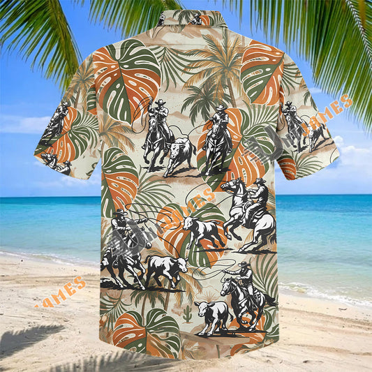 UniJames Vintage Western Cowboy Rodeo Tropical Monstera Hawaiian Shirt