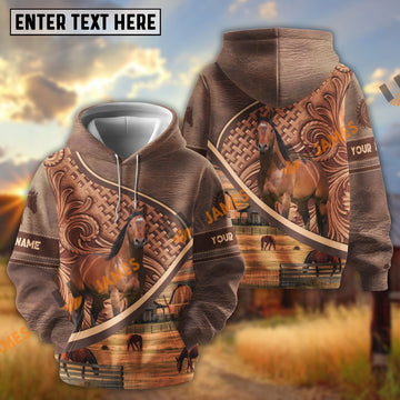 UniJames Personalized Name Tooled Leather Horse Ranch Scene All-Over Print Hoodie (9 Breeds)