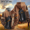 UniJames Personalized Bay Horse Portrait Zip Hoodie – "Love Horse" Custom Name All-Over Print Pullover (9 breeds)