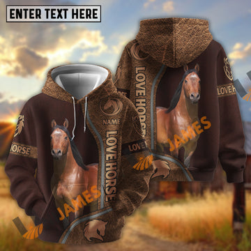 UniJames Love Horse Personalized Name Zip-Up Hoodie – Embossed Leather All-Over Print Hoodie (9 Breeds)