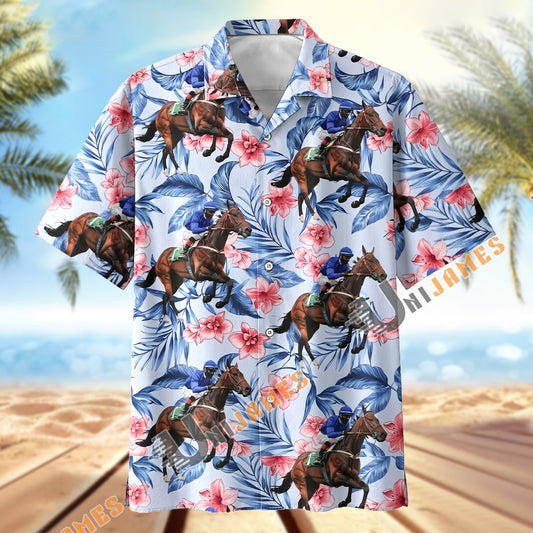 Unijames Jockey Horse Racing Tropical Floral Patterns Hawaiian Shirt