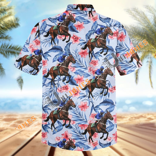 Unijames Jockey Horse Racing Tropical Floral Patterns Hawaiian Shirt