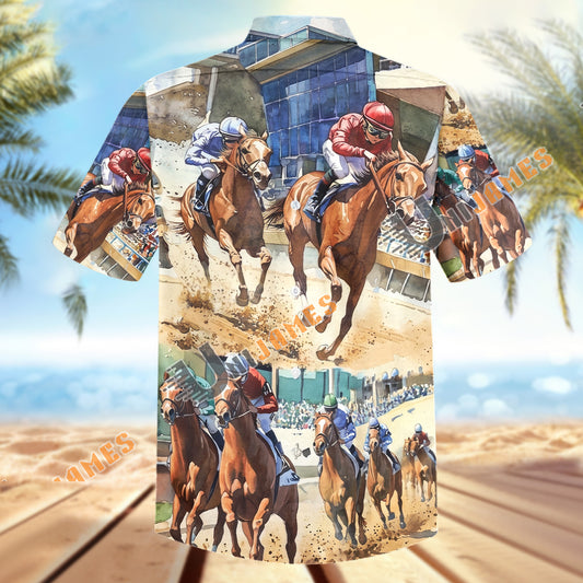 Unijames Vintage Watercolor Horse Racing Track Painting Hawaiian Shirt