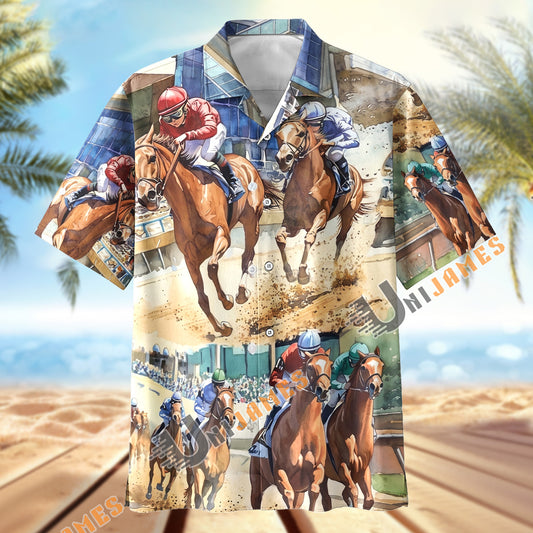 Unijames Vintage Watercolor Horse Racing Track Painting Hawaiian Shirt
