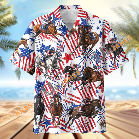 Unijames Horse Racing American Flag Patriotic 4th Of July Hawaiian Shirt