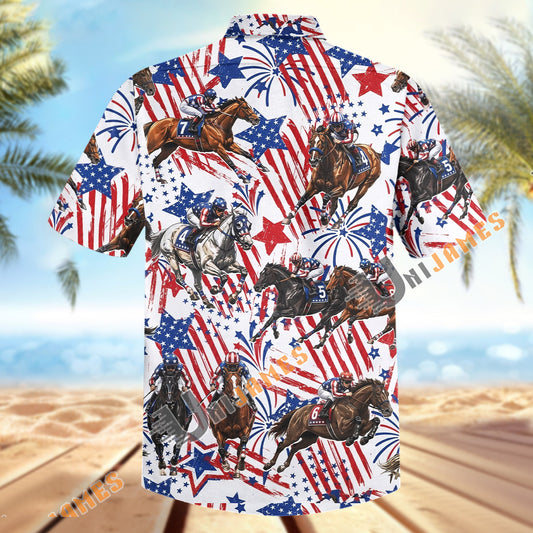 Unijames Horse Racing American Flag Patriotic 4th Of July Hawaiian Shirt