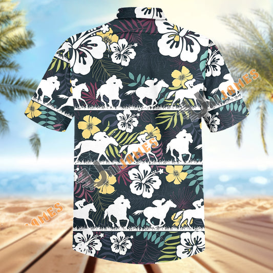 Unijames Vintage Horse Racing White Silhouettes Dark Tropical Hawaiian Shirt