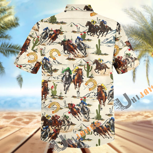 Unijames Horse Racing Jockey Horseshoe Cactus Pattern Hawaiian Shirt