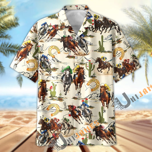 Unijames Horse Racing Jockey Horseshoe Cactus Pattern Hawaiian Shirt