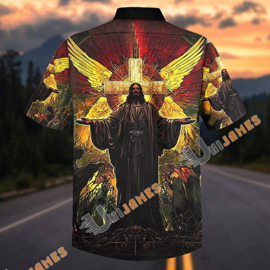 Unijames Jesus Christ Cross & Angel Wings Christian Hawaiian Shirt
