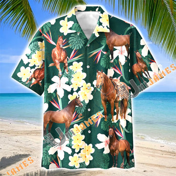 Unijames American Quarter Horse Tropical Floral Green Hawaiian Shirt