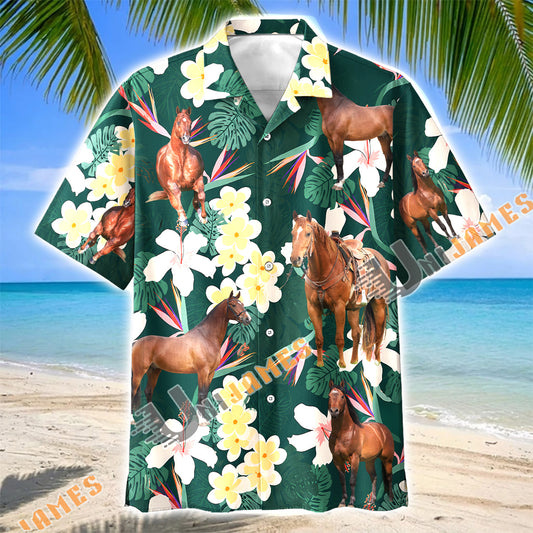 Unijames American Quarter Horse Tropical Floral Green Hawaiian Shirt