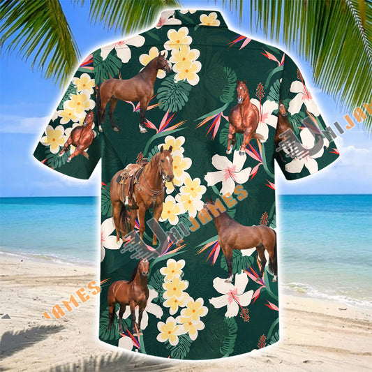 Unijames American Quarter Horse Tropical Floral Green Hawaiian Shirt