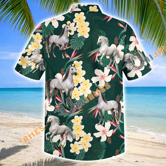Unijames Arabian Horse Tropical Floral Green Hawaiian Shirt