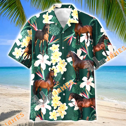 Unijames Morgan Horse Tropical Floral Green Hawaiian Shirt