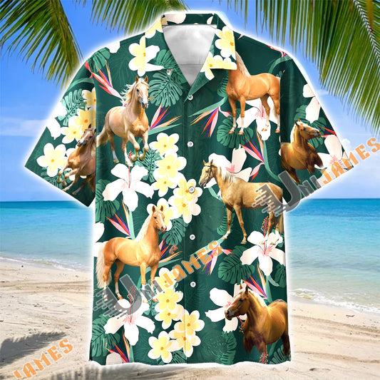 Unijames Palomino Horse Tropical Floral Green Hawaiian Shirt