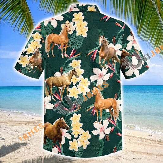 Unijames Palomino Horse Tropical Floral Green Hawaiian Shirt